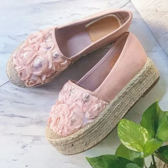 Blush Floral Espadrille Platforms | 3D Flower Slip-On Sneakers - Picture 3 of 8
